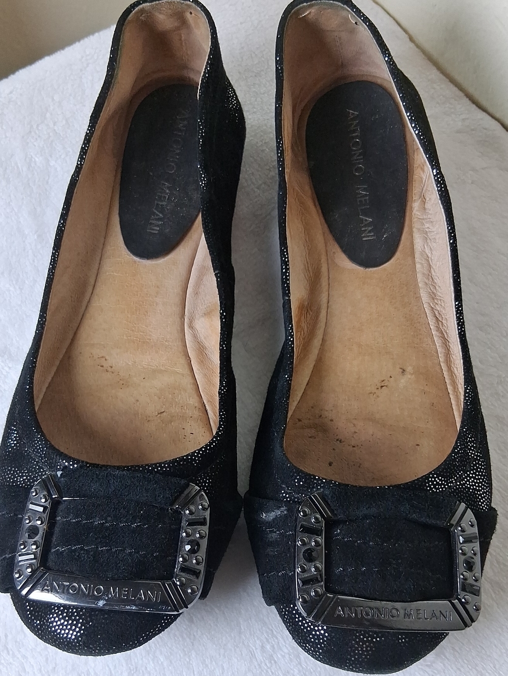 ANTONIO MELANI Black Embellished Buckle Ballet Flats